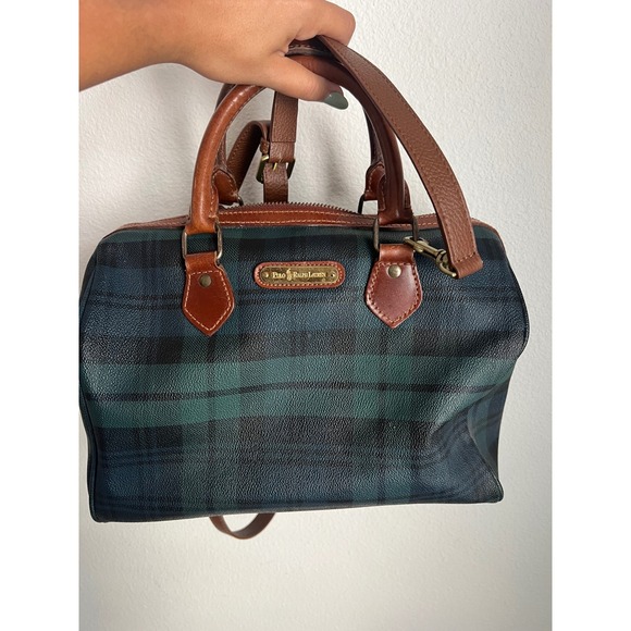 Polo Ralph Lauren Plaid Satchel Bag Leather Trim Crossbody Top Handle - Picture 6 of 10